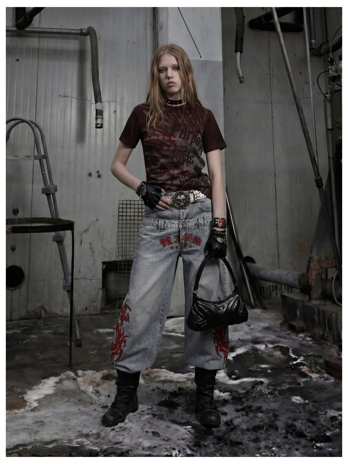 Blue Twin-Waist Dragon Baggy Jeans womens full body front styled look with bag