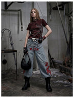 Blue Twin-Waist Dragon Baggy Jeans womens angled front styled look with bag