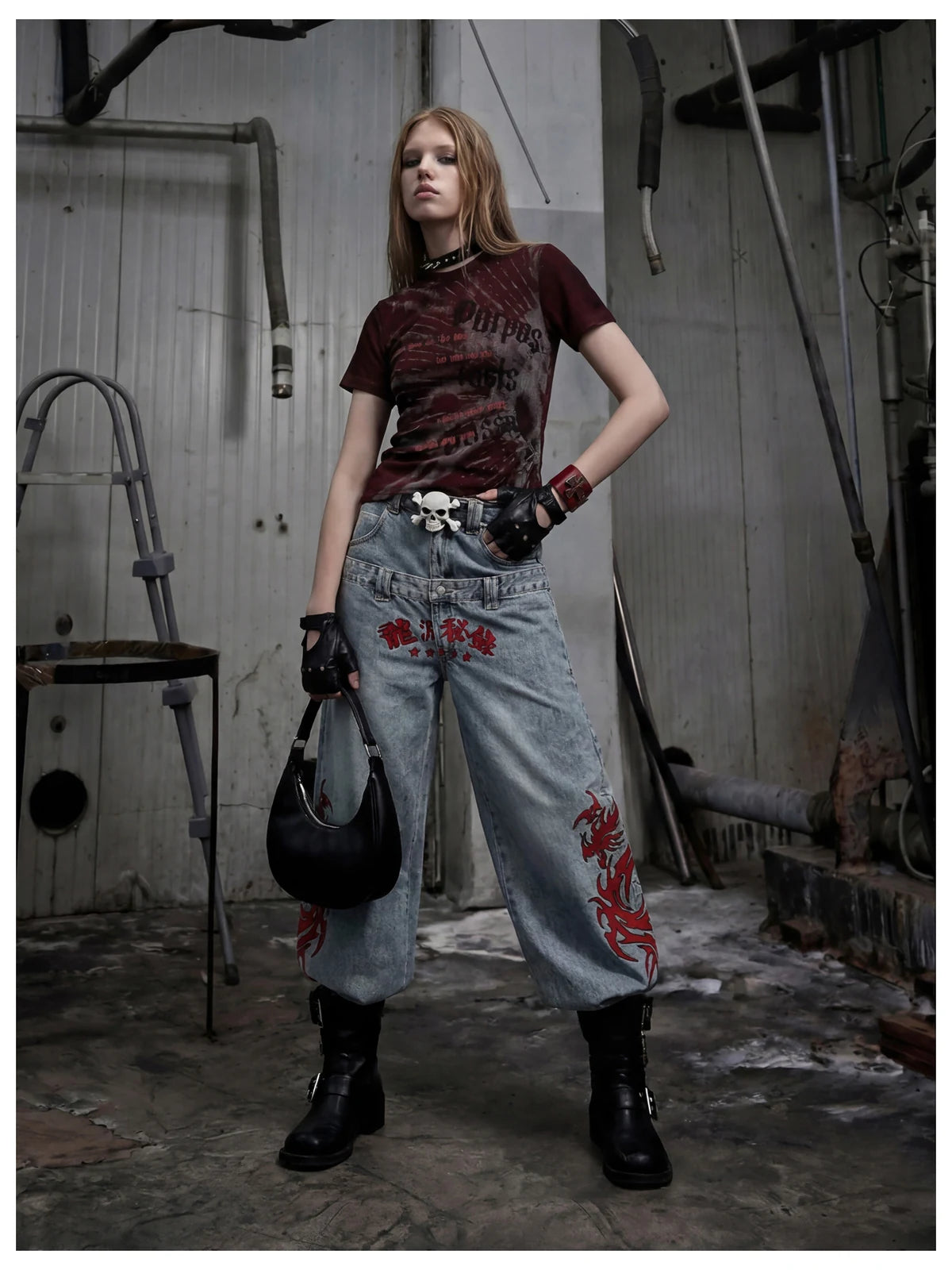 Blue Twin-Waist Dragon Baggy Jeans womens angled front styled look with bag