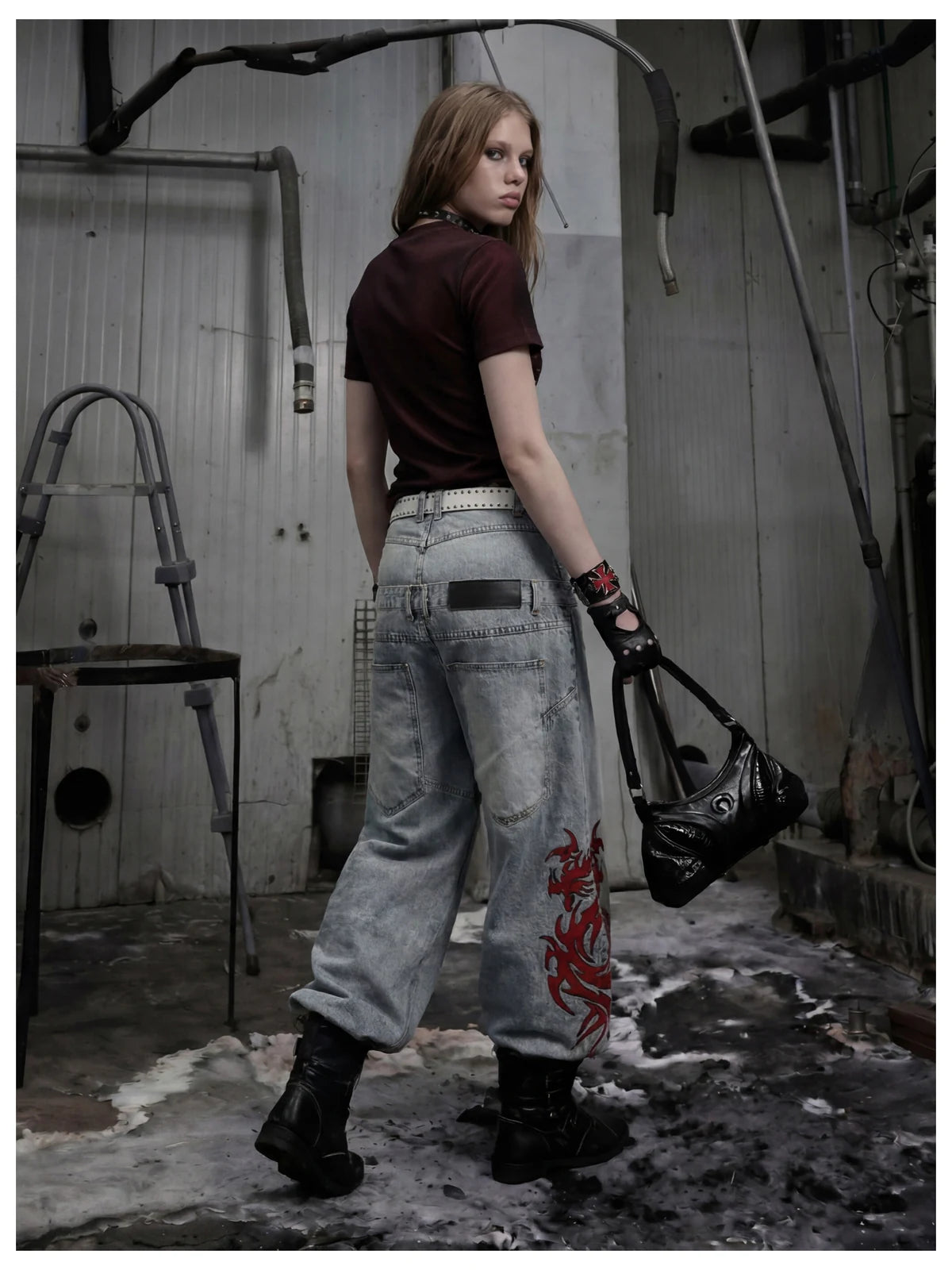 Blue Twin-Waist Dragon Baggy Jeans womens back styled look