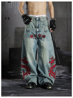 Blue Twin-Waist Dragon Baggy Jeans alternate front close model view