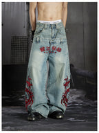 Blue Twin-Waist Dragon Baggy Jeans front close model view with hands down