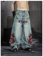 Blue Twin-Waist Dragon Baggy Jeans slight angle front close model view