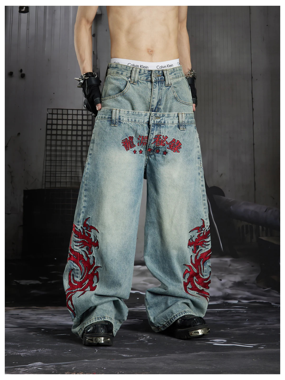 Blue Twin-Waist Dragon Baggy Jeans slight angle front close model view