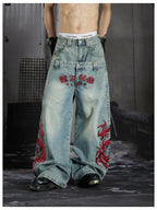 Blue Twin-Waist Dragon Baggy Jeans relaxed front close model view