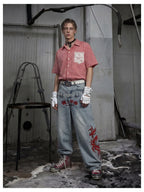 Blue Twin-Waist Dragon Baggy Jeans mens full body front styled look