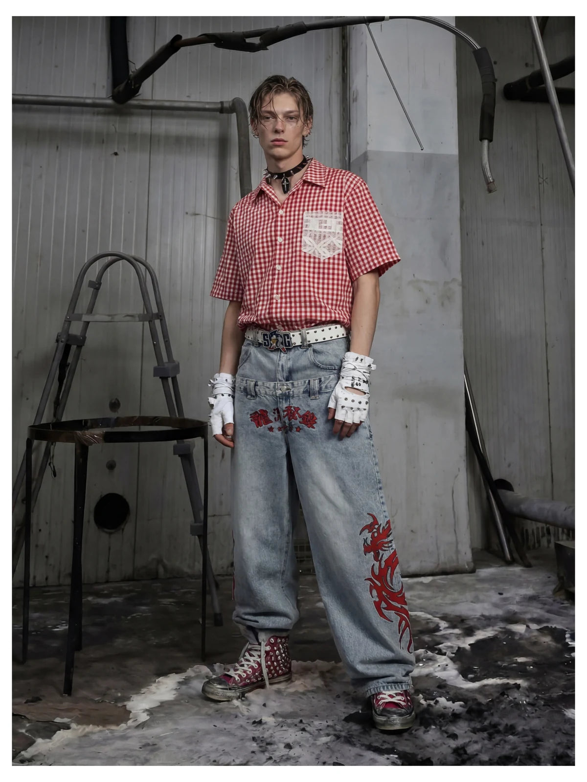 Blue Twin-Waist Dragon Baggy Jeans mens full body front styled look
