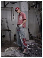 Blue Twin-Waist Dragon Baggy Jeans mens angled full body styled look with cap