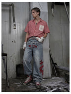 Blue Twin-Waist Dragon Baggy Jeans mens relaxed side full body styled look