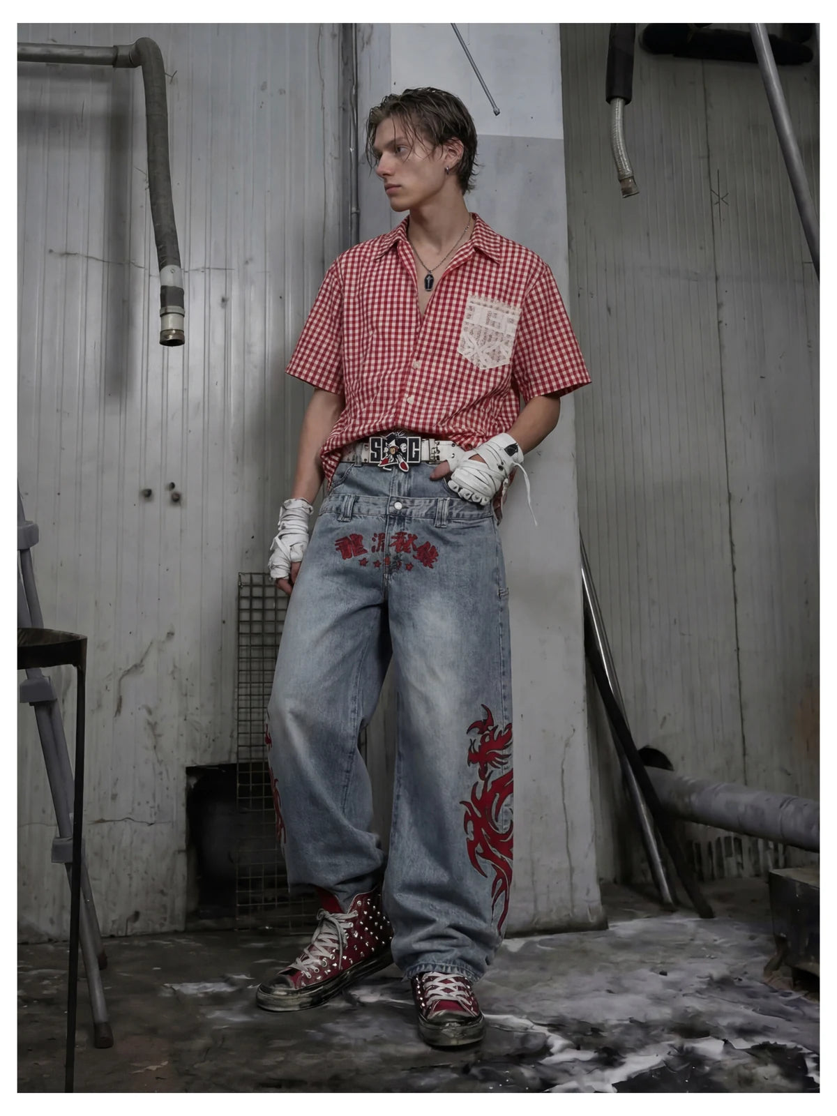 Blue Twin-Waist Dragon Baggy Jeans mens relaxed side full body styled look