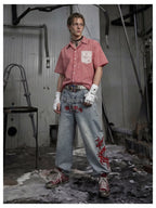 Blue Twin-Waist Dragon Baggy Jeans mens front full body styled look with hands in pockets