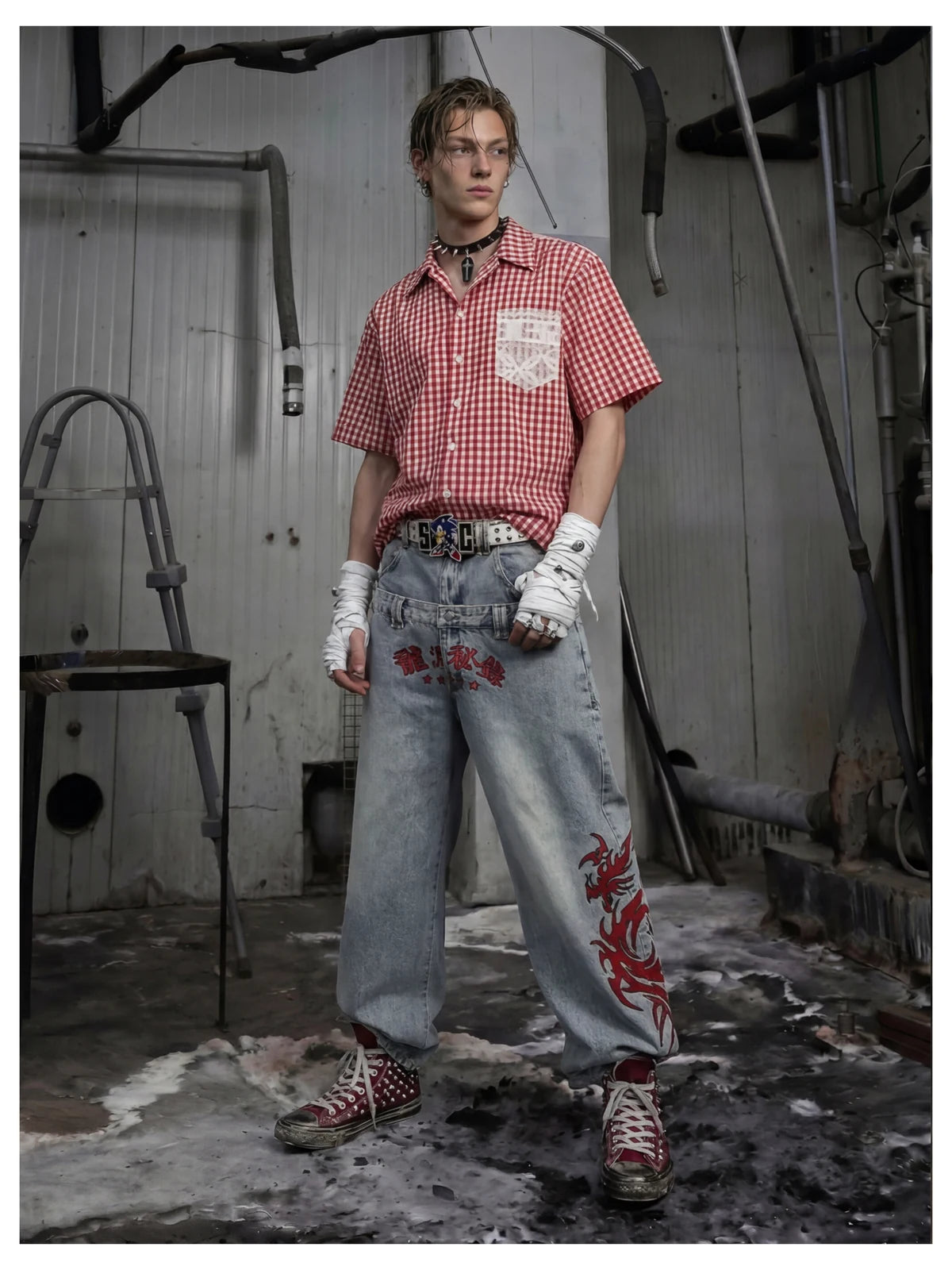 Blue Twin-Waist Dragon Baggy Jeans mens front full body styled look with hands in pockets