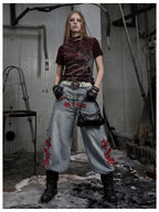 Blue Twin-Waist Dragon Baggy Jeans womens front full body styled look with bag