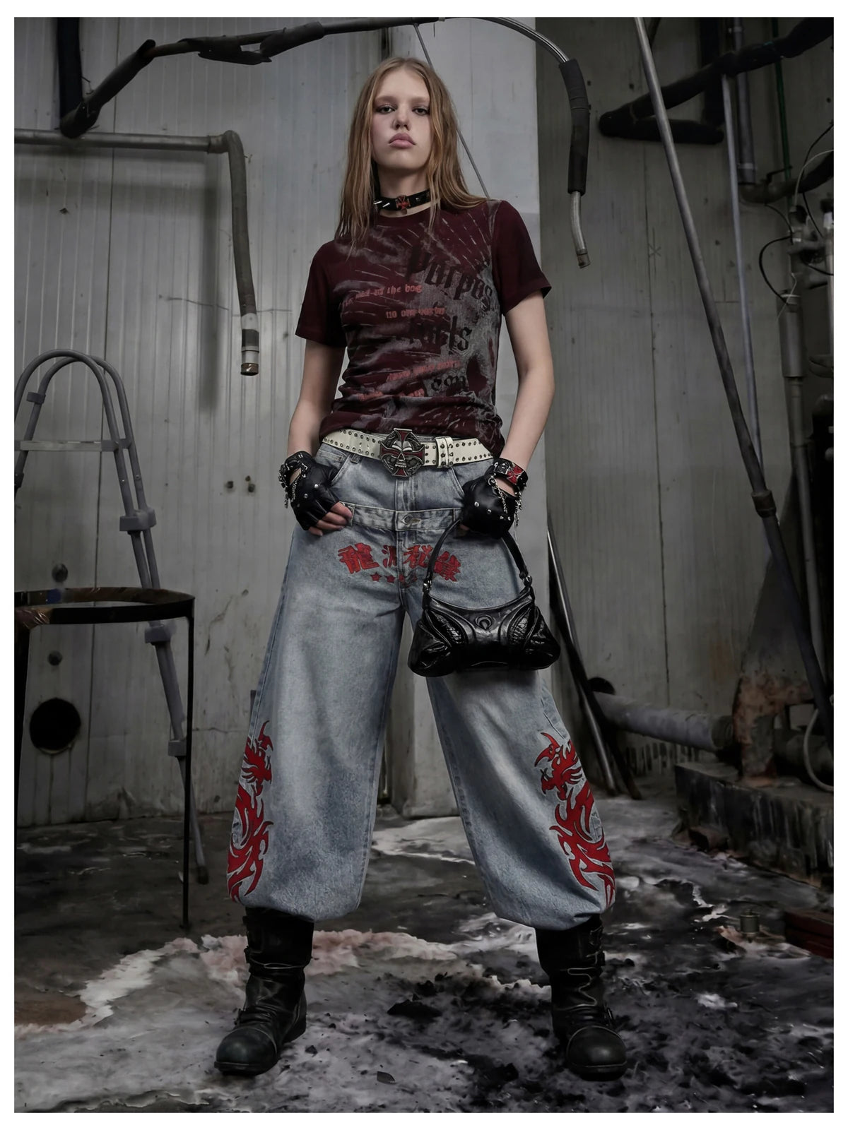 Blue Twin-Waist Dragon Baggy Jeans womens front full body styled look with bag