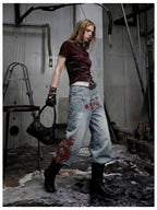 Blue Twin-Waist Dragon Baggy Jeans womens angled full body styled look with bag