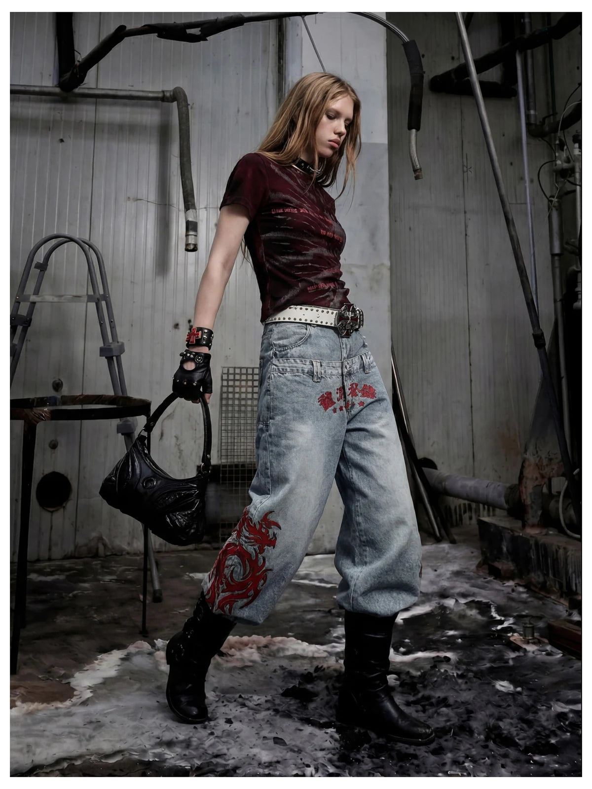 Blue Twin-Waist Dragon Baggy Jeans womens angled full body styled look with bag