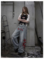 Blue Twin-Waist Dragon Baggy Jeans womens side full body styled look with arms crossed