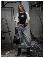 Blue Twin-Waist Dragon Baggy Jeans womens front full body styled look in monochrome top