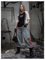 Blue Twin-Waist Dragon Baggy Jeans womens relaxed front full body styled look