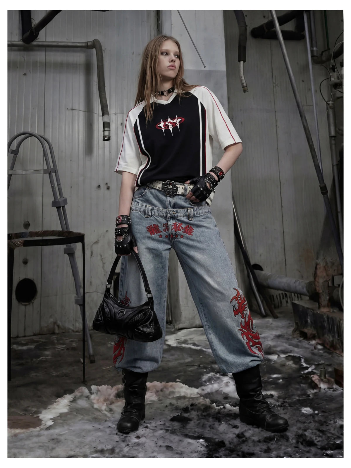 Blue Twin-Waist Dragon Baggy Jeans womens front styled look with hand in pocket