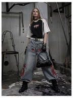 Blue Twin-Waist Dragon Baggy Jeans womens wide stance front styled look