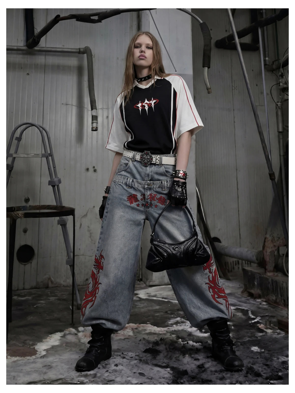 Blue Twin-Waist Dragon Baggy Jeans womens wide stance front styled look