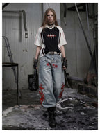 Blue Twin-Waist Dragon Baggy Jeans womens walking front styled look