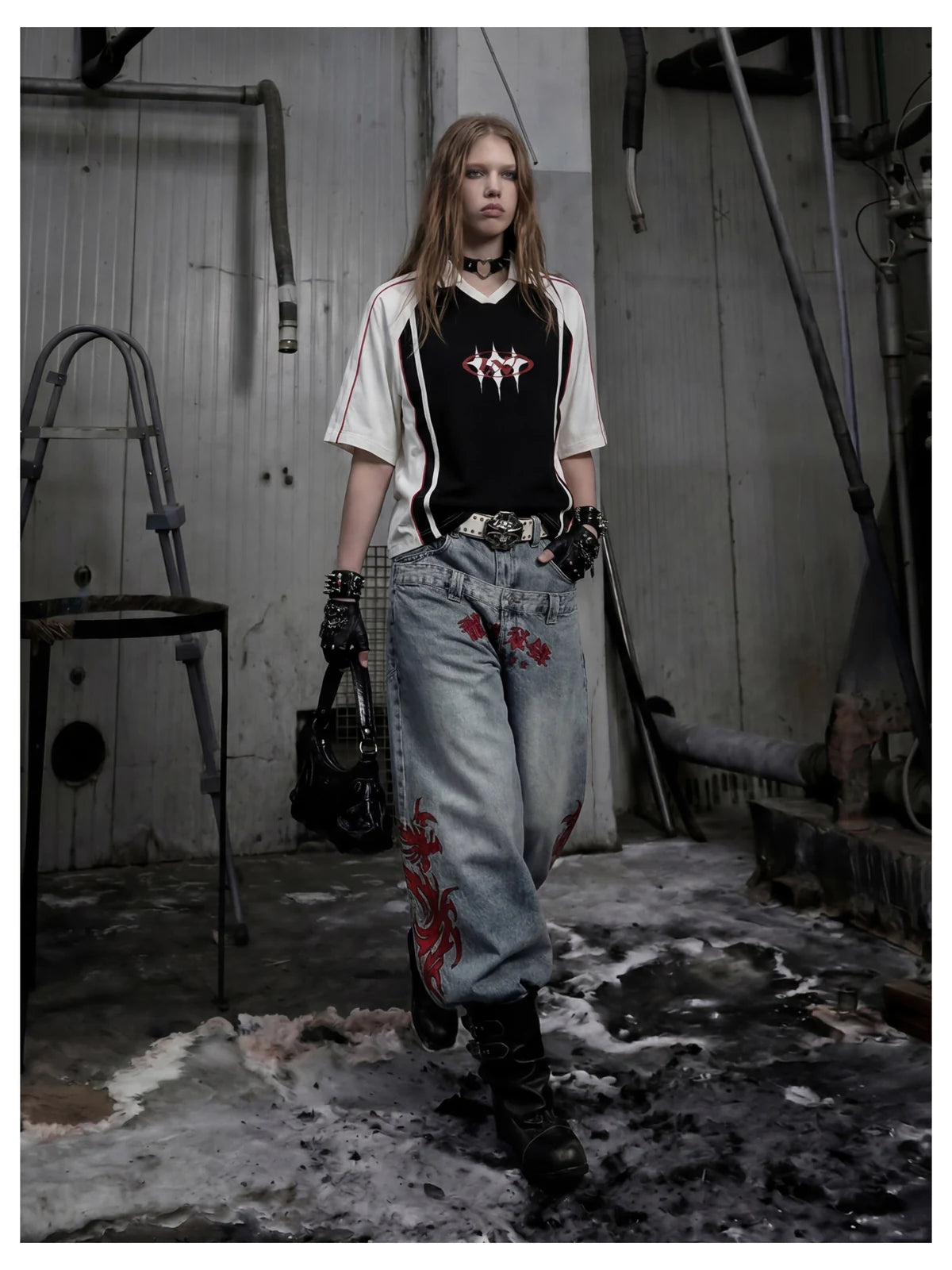 Blue Twin-Waist Dragon Baggy Jeans womens relaxed front styled look