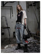 Blue Twin-Waist Dragon Baggy Jeans womens side front styled look with bag
