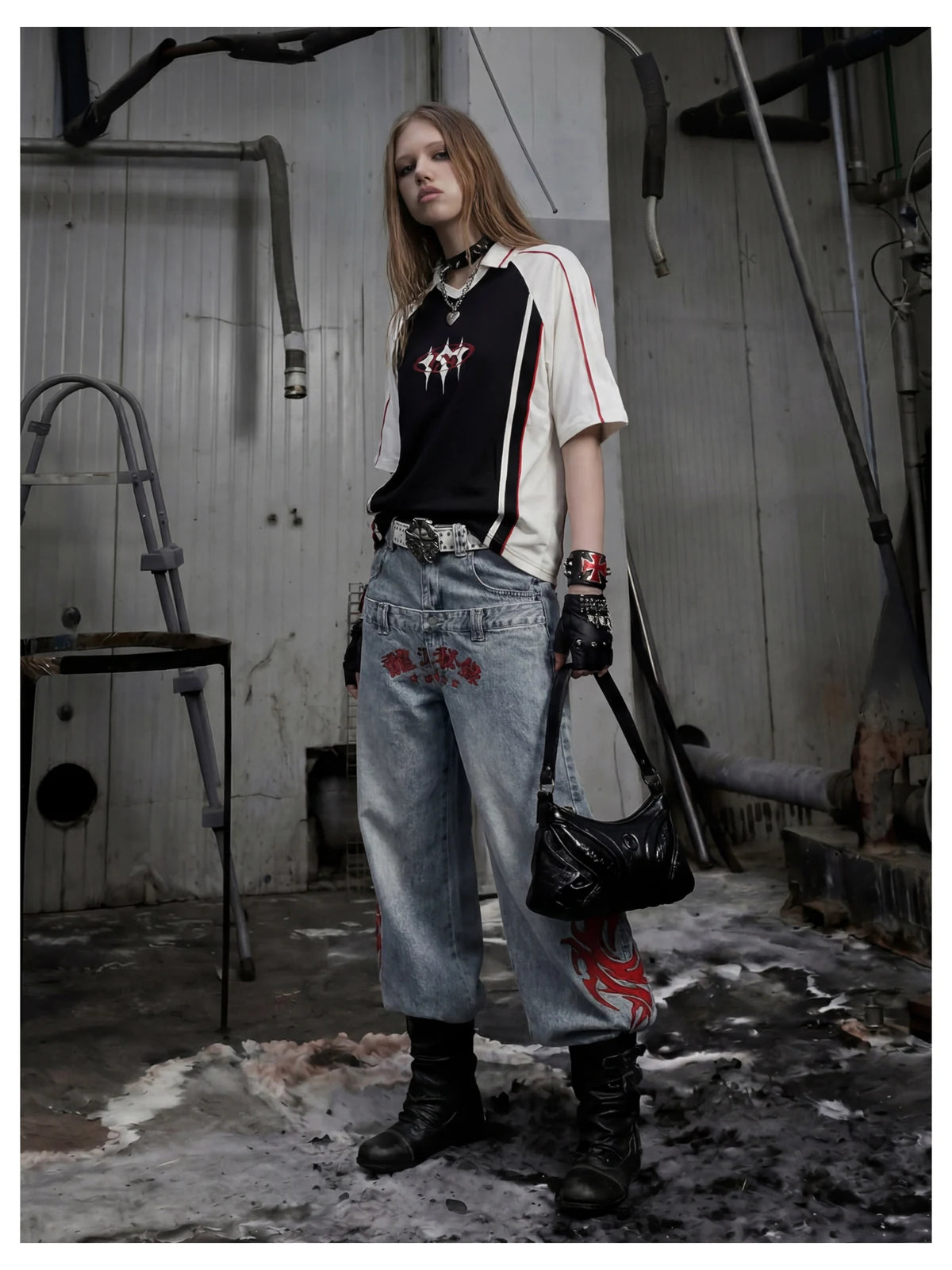 Blue Twin-Waist Dragon Baggy Jeans womens side front styled look with bag