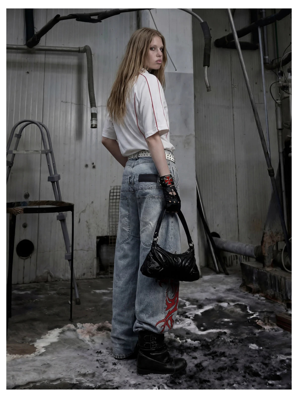 Blue Twin-Waist Dragon Baggy Jeans womens back three quarter styled look with bag