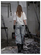 Blue Twin-Waist Dragon Baggy Jeans womens full back styled look with bag