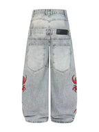 Blue Twin-Waist Dragon Baggy Jeans blue back white bg