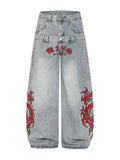 Blue Twin-Waist Dragon Baggy Jeans blue front white bg