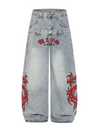 Blue Twin-Waist Dragon Baggy Jeans blue front white bg