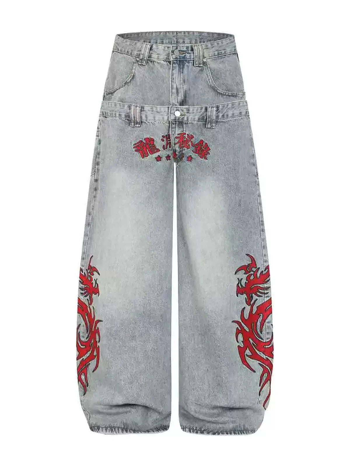Blue Twin-Waist Dragon Baggy Jeans blue front white bg
