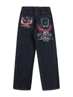 Denim Blue Winged Skull Baggy Jeans embroidered back view on white background