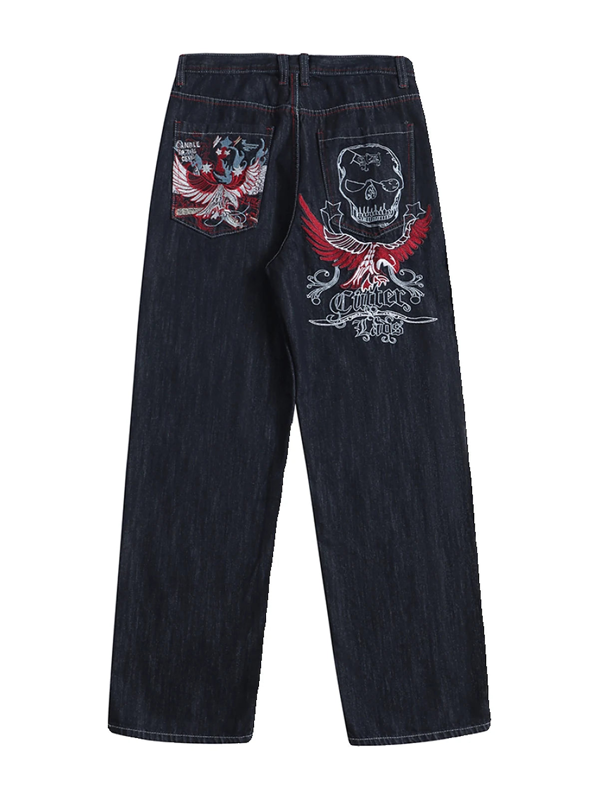 Denim Blue Winged Skull Baggy Jeans embroidered back view on white background