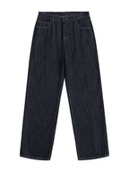 Denim Blue Winged Skull Baggy Jeans front view on white background