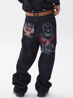 Denim Blue Winged Skull Baggy Jeans relaxed back styled look