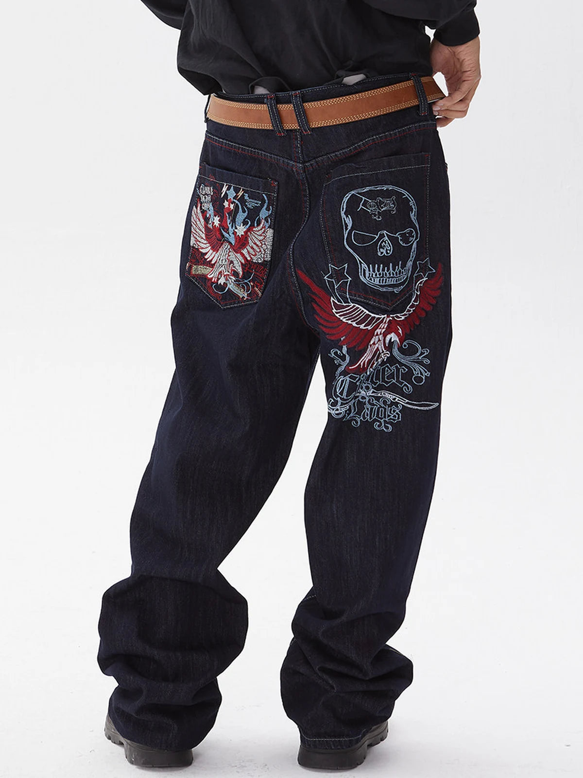 Denim Blue Winged Skull Baggy Jeans relaxed back styled look