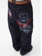 Denim Blue Winged Skull Baggy Jeans side-back styled look