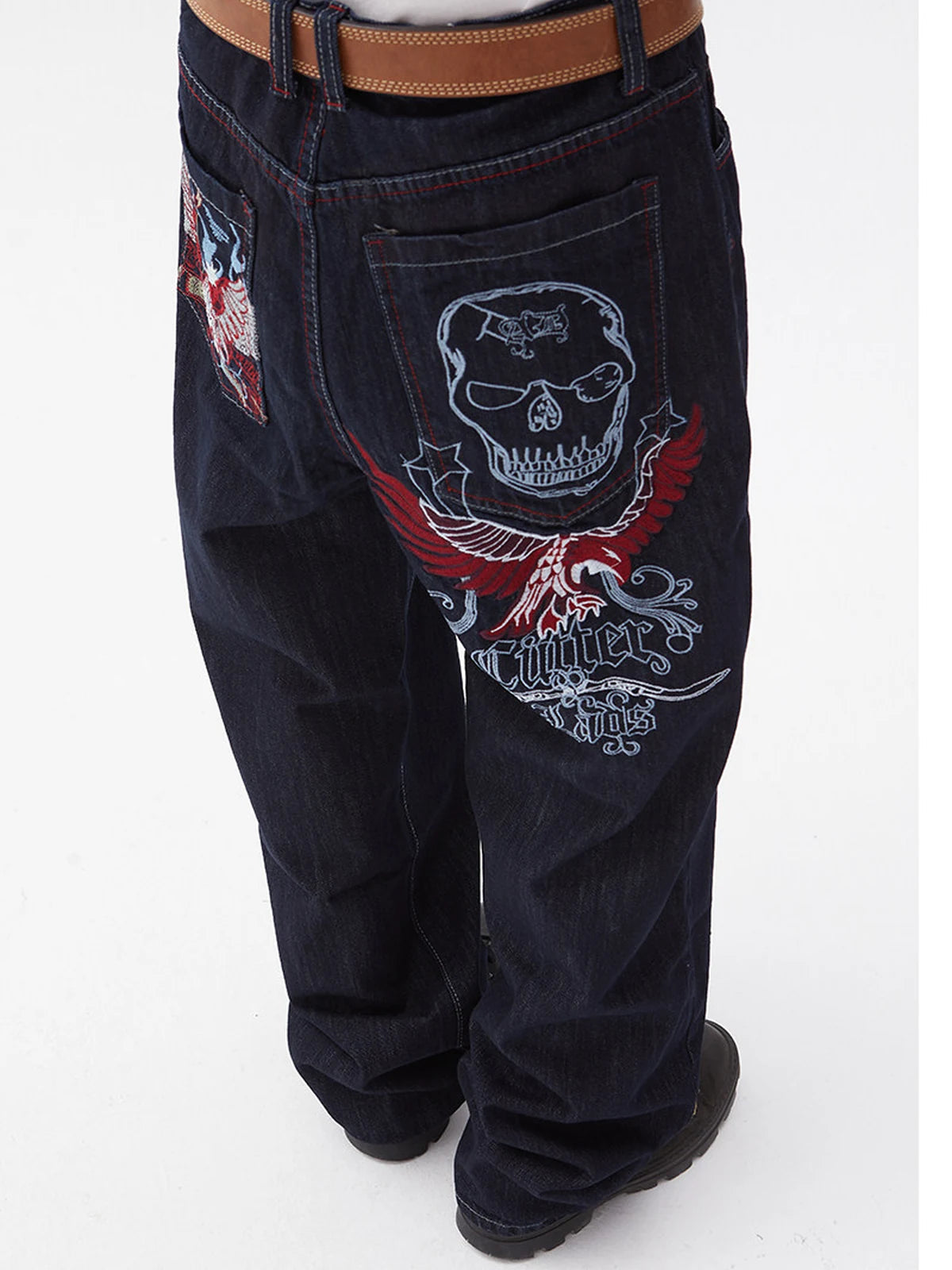 Denim Blue Winged Skull Baggy Jeans side-back styled look