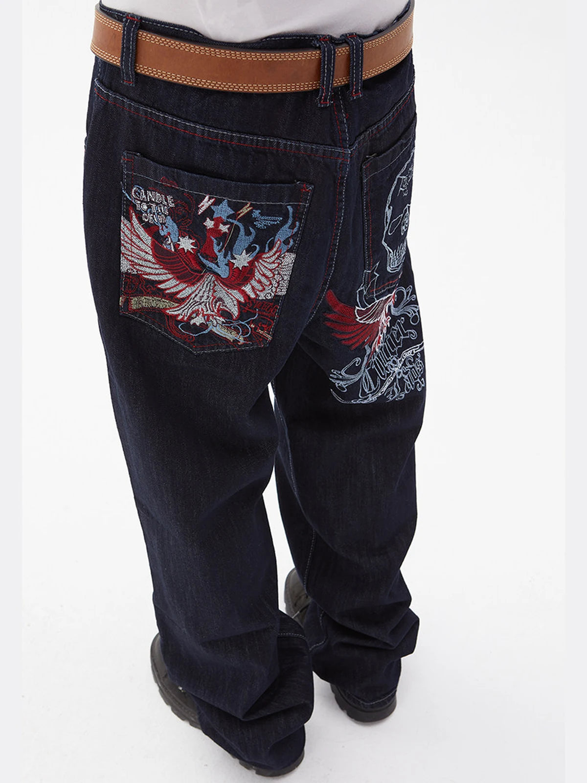 Denim Blue Winged Skull Baggy Jeans alternate back three-quarter styled look