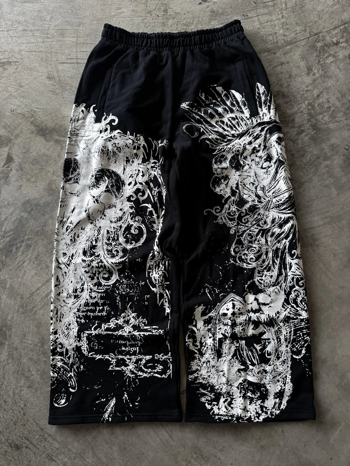 Black Gothic Ruin Wide-Leg Sweatpants full flat-lay