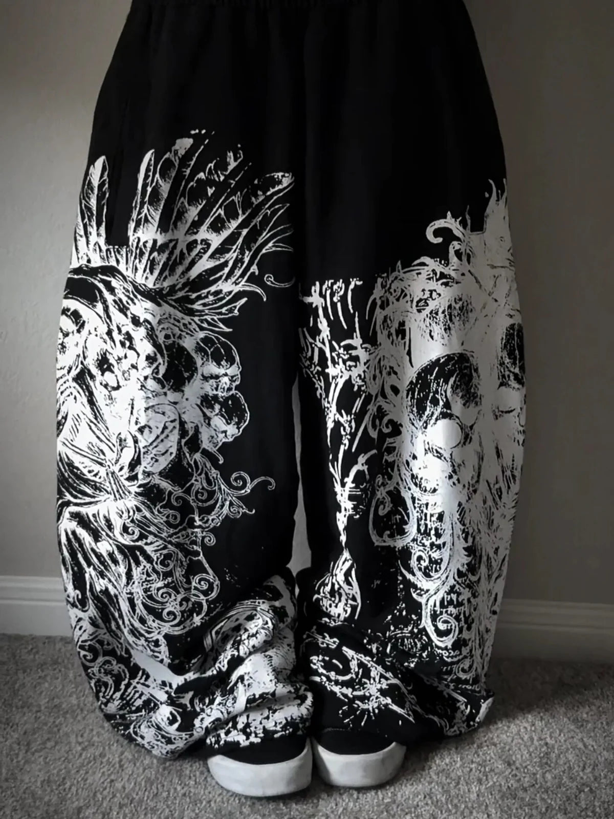 Black Gothic Ruin Wide-Leg Sweatpants styled on-body view