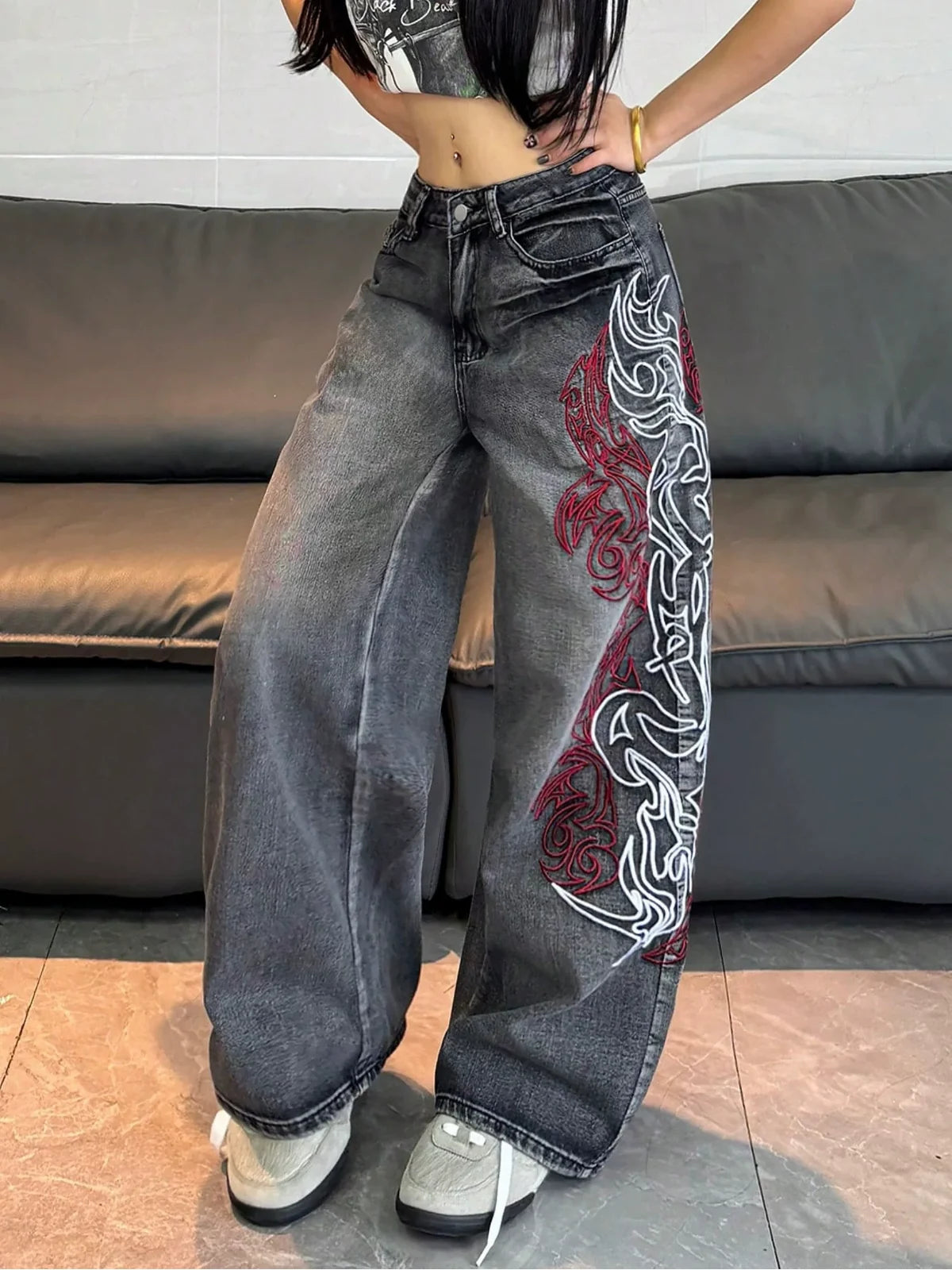Gray Dragon Trace Wide-Leg Jeans front view