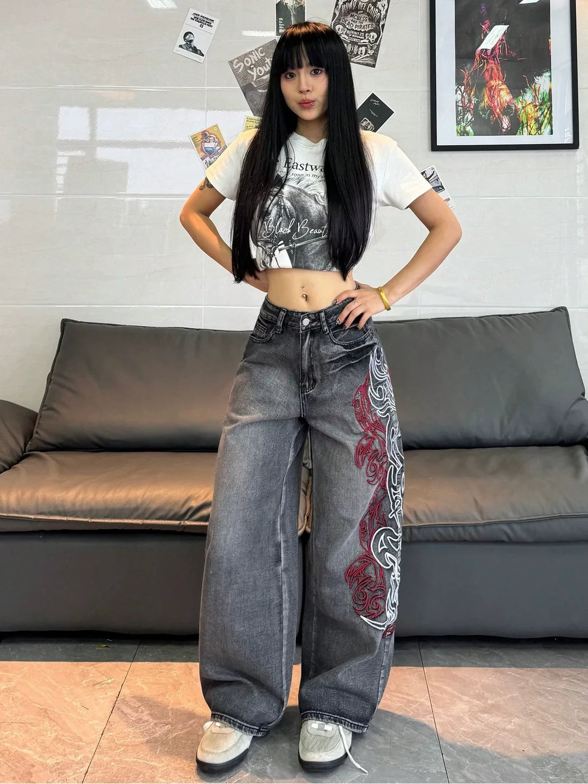 Gray Dragon Trace Wide-Leg Jeans styled on-model view 2