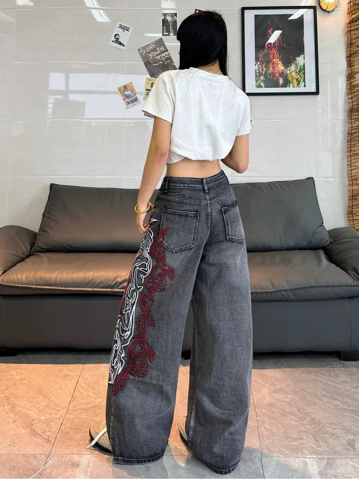 Gray Dragon Trace Wide-Leg Jeans styled on-model view 5