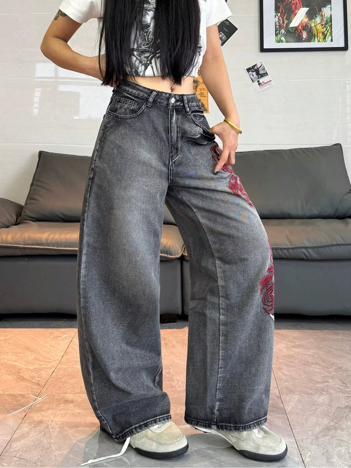 Gray Dragon Trace Wide-Leg Jeans styled on-model view 6